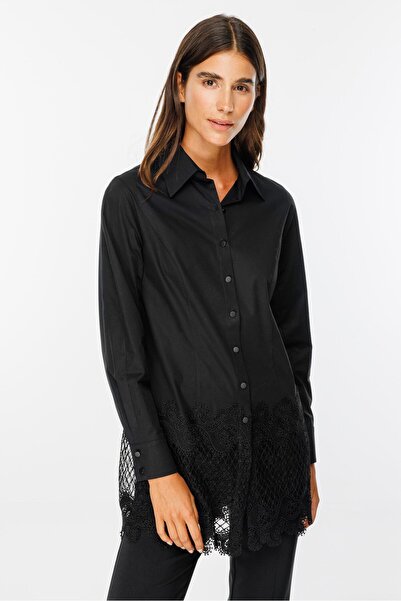 Moda İlgi Modailgi  Etek Ucu Dantel İşlemeli Koton Gömlek Siyah