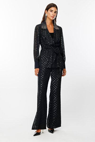 Moda İlgi Modailgi  Yakası Taşlı Simli Puantiyeli Organze Tunik Siyah