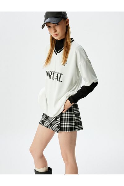 Koton Oversize College Printed V-Neck Ribbed Short Sleeve T-Shirt