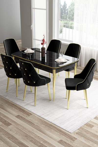 Canisa Tia Serisi 80x132 Açılabilir Mdf Siyah Mermer Desen Mutfak Masası Ve 6...