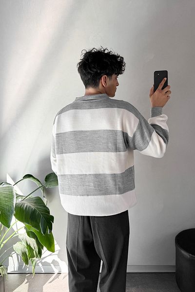 Flaw Wear Polo Neck Striped Gray Sweater