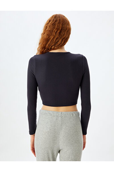 Koton Long Sleeve Round Neck Button Knitted Crop Sleepwear Top