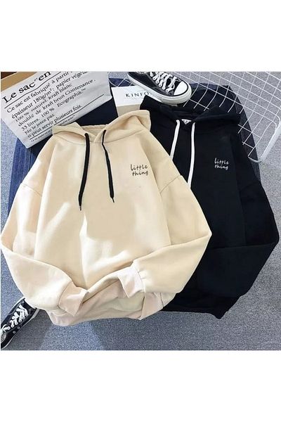 SKYLİGHT Women'S/Men's Black and Beige Little Thing Printed 3 Thread Hooded Sweatshirt