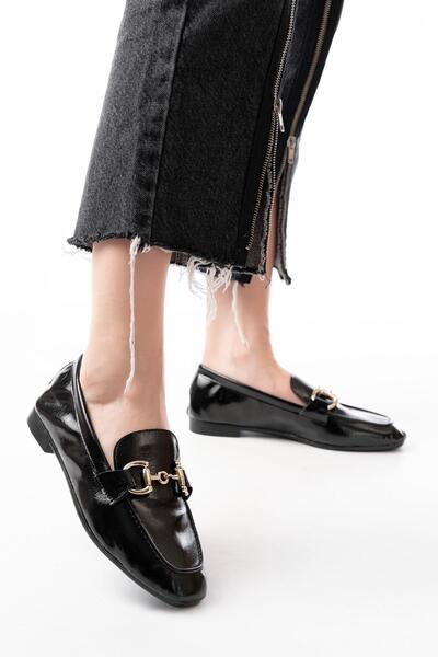 Aymood 303 Black Patent Leather Daily Women's Ballerinas with Buckle Accessories