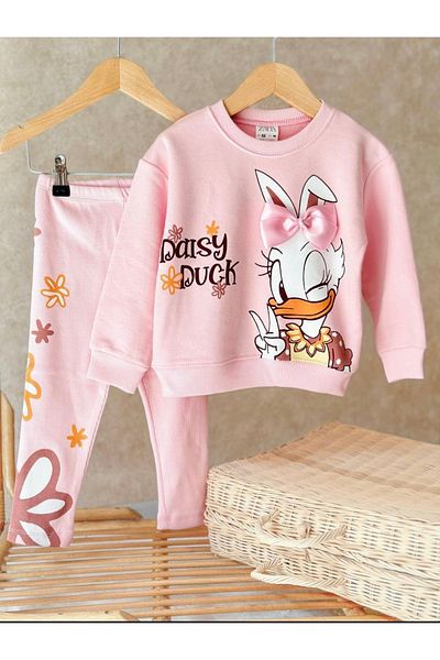 Piti Girl's Bow Detailed Daisy Duck Printed Ribbed Tights Girl's Set
