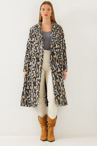 Bianco Lucci Women's Leopard Patterned Shawl Collar Detailed Stamp Coat 2476 60351034