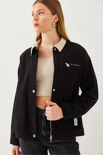 Bianco Lucci Damen Leder Kragen Detaillierte Gabardine Jacke 2463 60351026