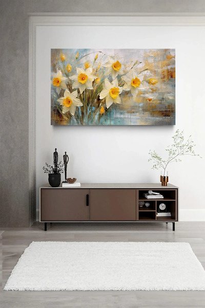 Şehzat Design Dekoratif Lüks Nergis Çiçek Yağlı Boya Görünümlü Modern Tablo S...