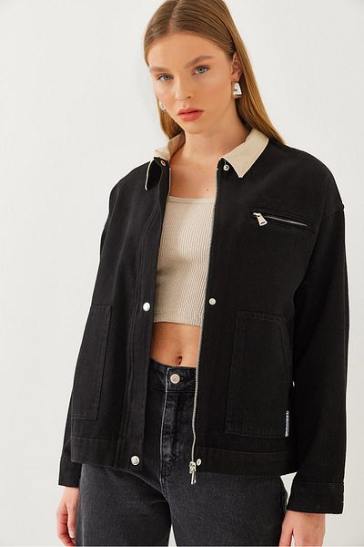 Bianco Lucci Damen Leder Kragen Detaillierte Gabardine Jacke 2463 60351026