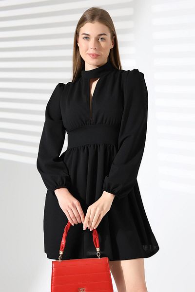 Deafox Rochie neagră cu mânecă lungă, decoltată la piept, cu fermoar, din crepon