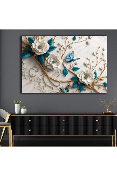 Şehzat Design Simli Sarmal Turkuaz Beyaz Çiçek Kanvas Tablo