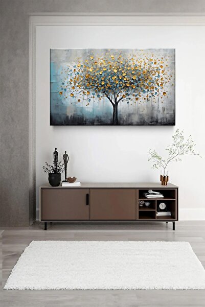 Şehzat Design Altın Yapraklı Ağaç Dekoratif Kanvas Tablo Salon Oturma Yatak O...