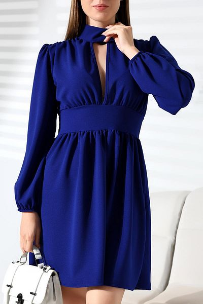 Deafox Rochie din țesătură creponată cu fermoar, cu mânecă lungă, albastră Saks