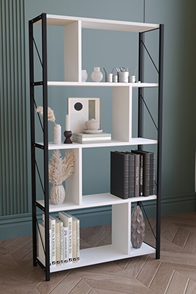 Remaks 5 Raflı Metal Large Kitaplık Dekoratif Kitaplık Beyaz
