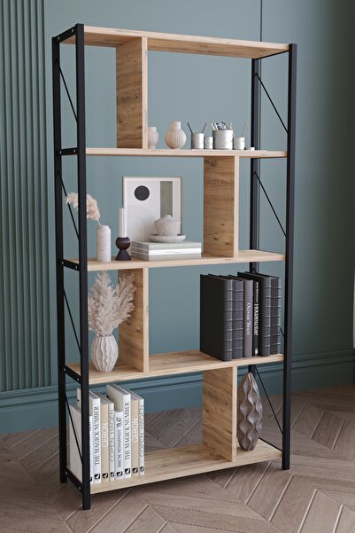 Remaks 5 Raflı Metal Large Kitaplık Dekoratif Kitaplık Meşe