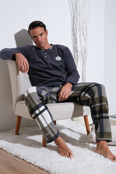 Buratti Σετ χειμωνιάτικων ανδρικών πιτζάμες fleece - καρό, με κουμπιά, λαιμόκοψη, κανονική εφαρμογή - 609