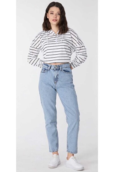 JAXEN بنطلون جينز نسائي BT11414281 بخصر عالٍ ولون أزرق ثلجي قماش قابل للتمدد موم