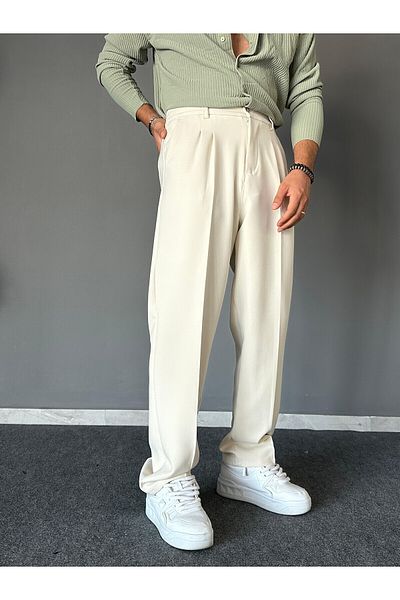 THEMANN Pleated Ecru Baggy Fit Trousers with Elastic Waist