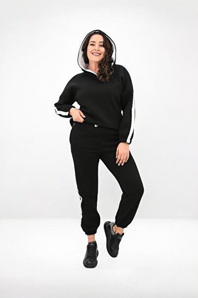 Koza Butik Дамски спортен костюм с качулка и странични райета, размер Plus Size, 8151-25