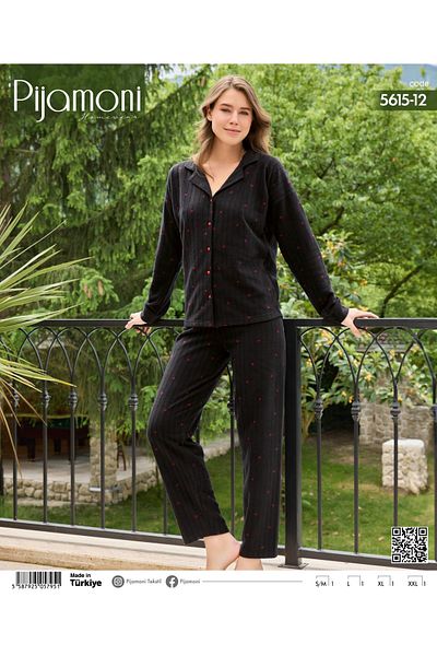 Pijamoni Σετ γυναικεία φλις πιτζάμες με μοτίβο καρδιάς με κουμπιά μπροστά