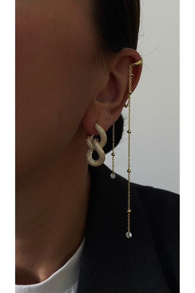 GÜLŞAH SEZER Uzun zincirli taşlı sallantılı gümüş earcuff kıkırdak küpesi