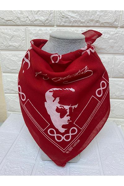 sema aksesuar Ataturk Signed Unisex Red Cotton Scarf - Bandana - 23 April, 29 October