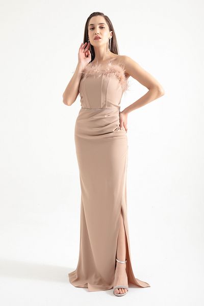 Lafaba Women's Beige Openwork Underwire Corset Slit Long Evening Dress