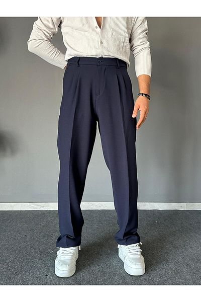 THEMANN Elastic Waist Pleated Navy Blue Baggy Fit Trousers