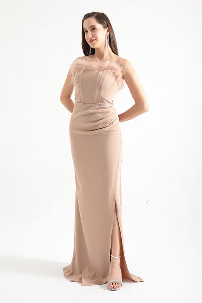 Lafaba Women's Beige Openwork Underwire Corset Slit Long Evening Dress