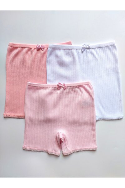 ÇebiKids Çebikids Girls' 100% Cotton White/Pink/Dark Pink Ribbed Ribbed Long Underwear/Boxer 3-Piece Set