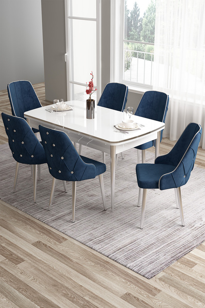 Canisa Tia Serisi 80x132 Açılabilir Mdf Yemek Odası Takımı Krom Detay Beyaz M...