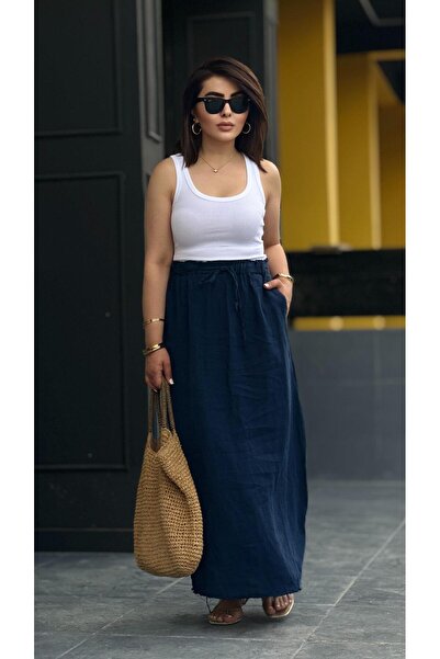 Oslove Lacivert %100 ham Keten Püskül Detaylı Etek
