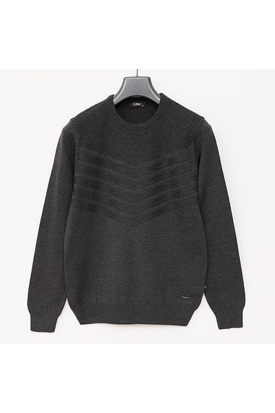 Dio Rise Men's Crew Neck Front Textured Standard Fit Cotton Knitwear Sweater - 180967   - Anthracite