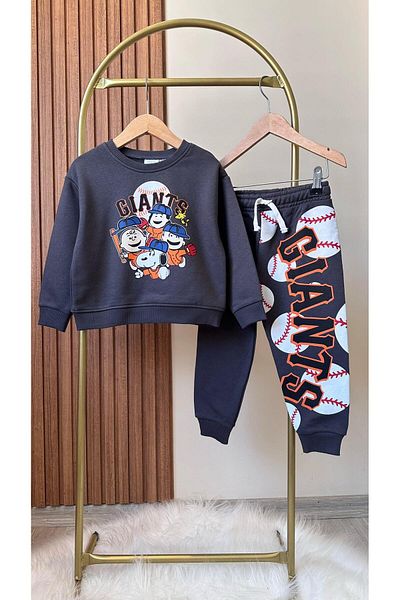 Magu Boy's Black Snoopy Patterned Winter Cotton Sweatshirt Tracksuit Bottom-Top Set