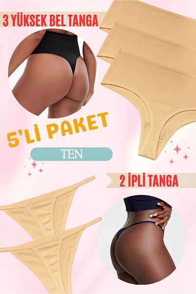red iç giyim High Waist Strap Cotton Thong 5 Pack - Soft, Stretchy, and Lycra