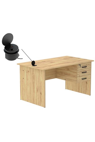 Mahmayi Modern Writing Study Table With Hanging Pedestal Attached And Round Desktop Power Module - Oak