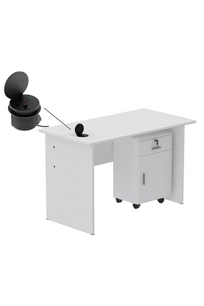 Mahmayi MP1 100x60 Writing Table with Drawers - White with 51-1H Round Desktop Power Module