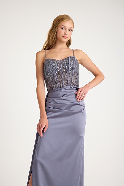 MAXXE 5889PSAT SATEN BİYELİ PAYET ABİYE ELBİSE