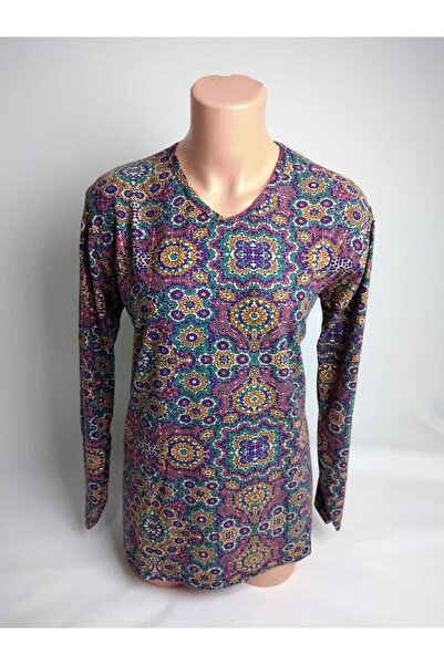 YAŞAR TRİKO المرأة الخضراء منقوشة الخامس الرقبة طويلة الأكمام الجانبين الشقوق...