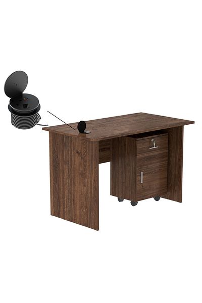 Mahmayi MP1 100x60 Writing Table with Drawers - Brown with 51-1H Round Desktop Power Module