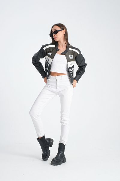 Black Level Women's Oversize Leather Coat - Printed, Stripe, Zip-Up, Garnished Bomber Racer Jacket