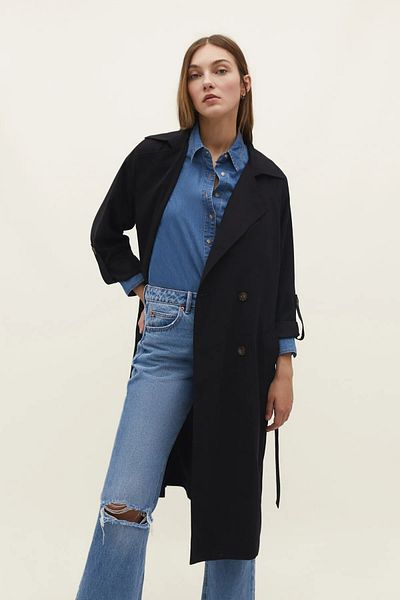 My Blog Black Draped Unlined Long Trench Coat - 7310