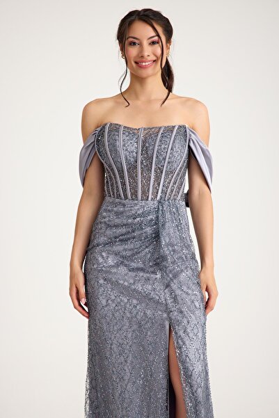 MAXXE 5824PSAT KOLLARI SATEN PAYET TÜL ELBİSE