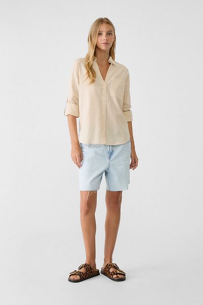Stradivarius Loose linen-blend shirt with a pocket