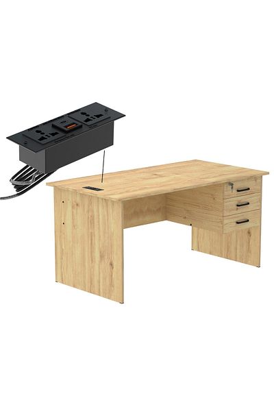 Mahmayi Writing Table With Hanging Pedestal Attached Desktop Socket With USB AC Port - Oak