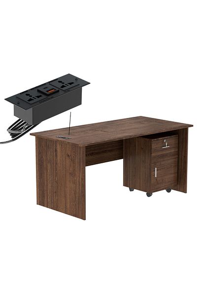Mahmayi MP1 160x80 Brown Writing Table With Drawers and Black BS01 Desktop Socket USB AC Port