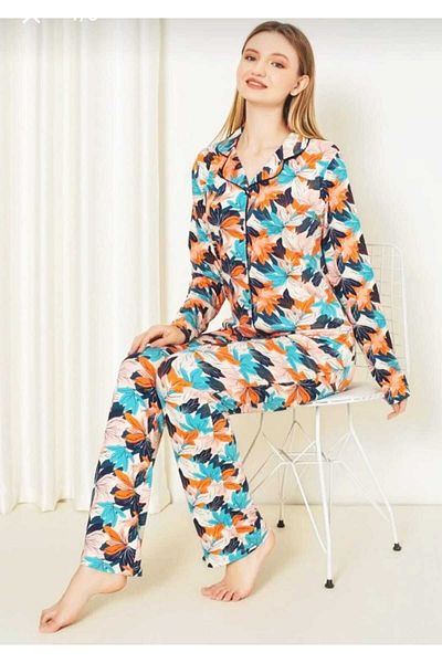 Tarık Leaf Patterned Front Buttoned Viscose Combed Cotton Pajama Set