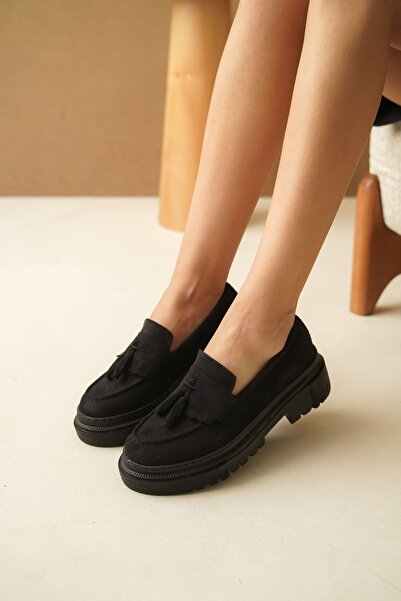 MODAADAM Loafer de damă din piele intoarsa neagra - pantofi cu ciucuri Stew