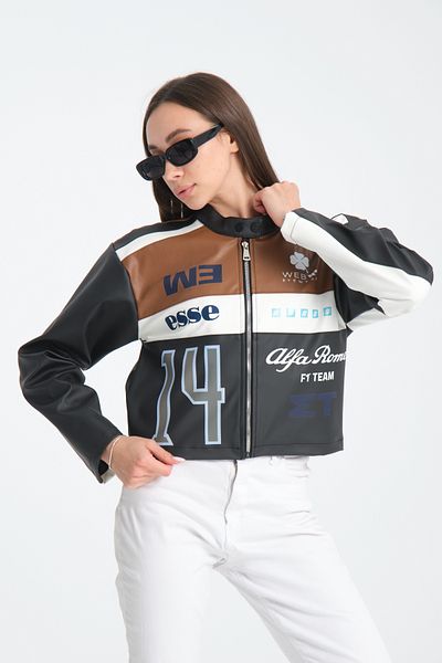 Black Level Дамско кожено яке Oversize - с щампа, райета, цип и гарнитура, тип бомбър състезател