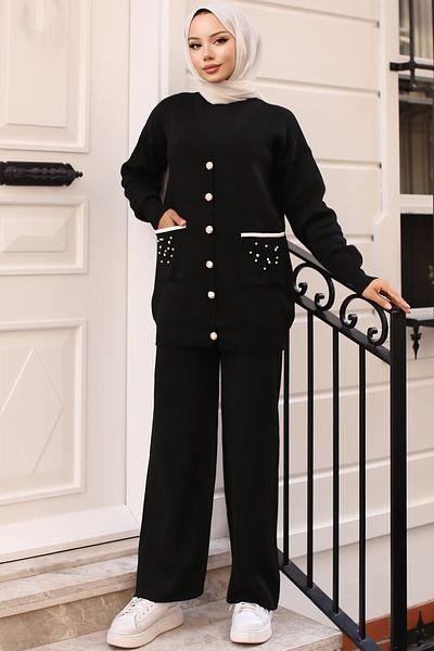 benguen Black Knitwear Set - 4066 Model with Stone Detail